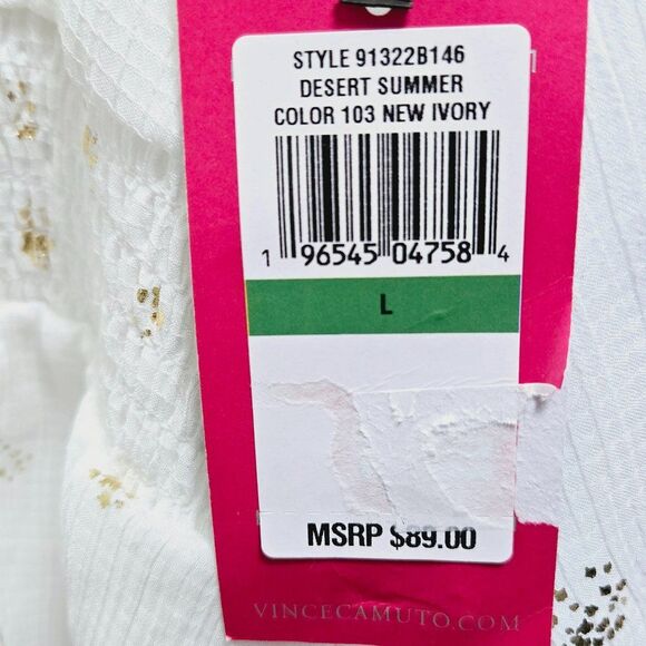 NWT VINCE CAMUTO WOMENS FOILED SMOCKED-HEM PUFF SLEEVES NEW IVORY TUNIC TOP L - Picture 9 of 11
